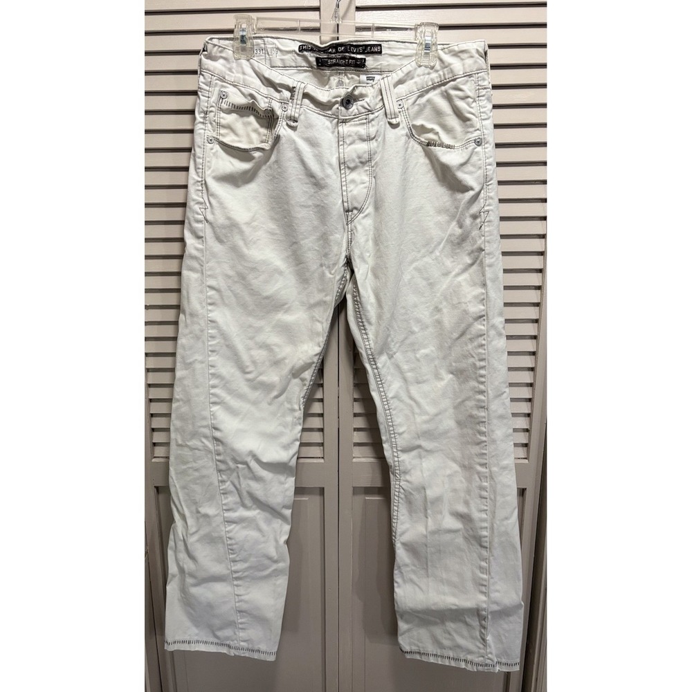 Levis Ivory/Brown Stitching Zip‎ Logo Straight Leg Size 34x32 Mid Rise Cotton